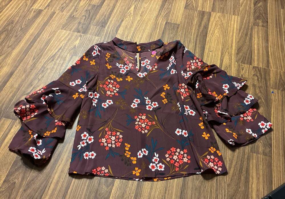 Lipslide Brown Floral Print Long Sleeve Blouse with Ruffled Cuffs